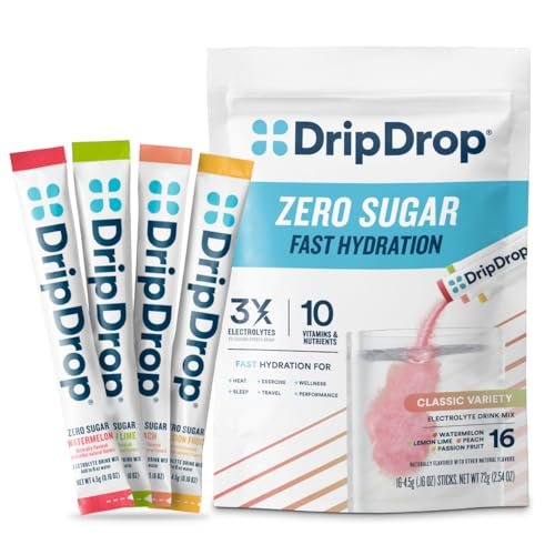 DripDrop Zuckerfreie Hydration Beutel – Zero Classic Variety Pack – Einzelportions-Elektrolytpulver-Mischgetränk – Zitrone-Limette, Wassermelone, Pfirsich, Passionsfrucht – Nicht-GMO, Glutenfrei, Vegan – 16 Sticks