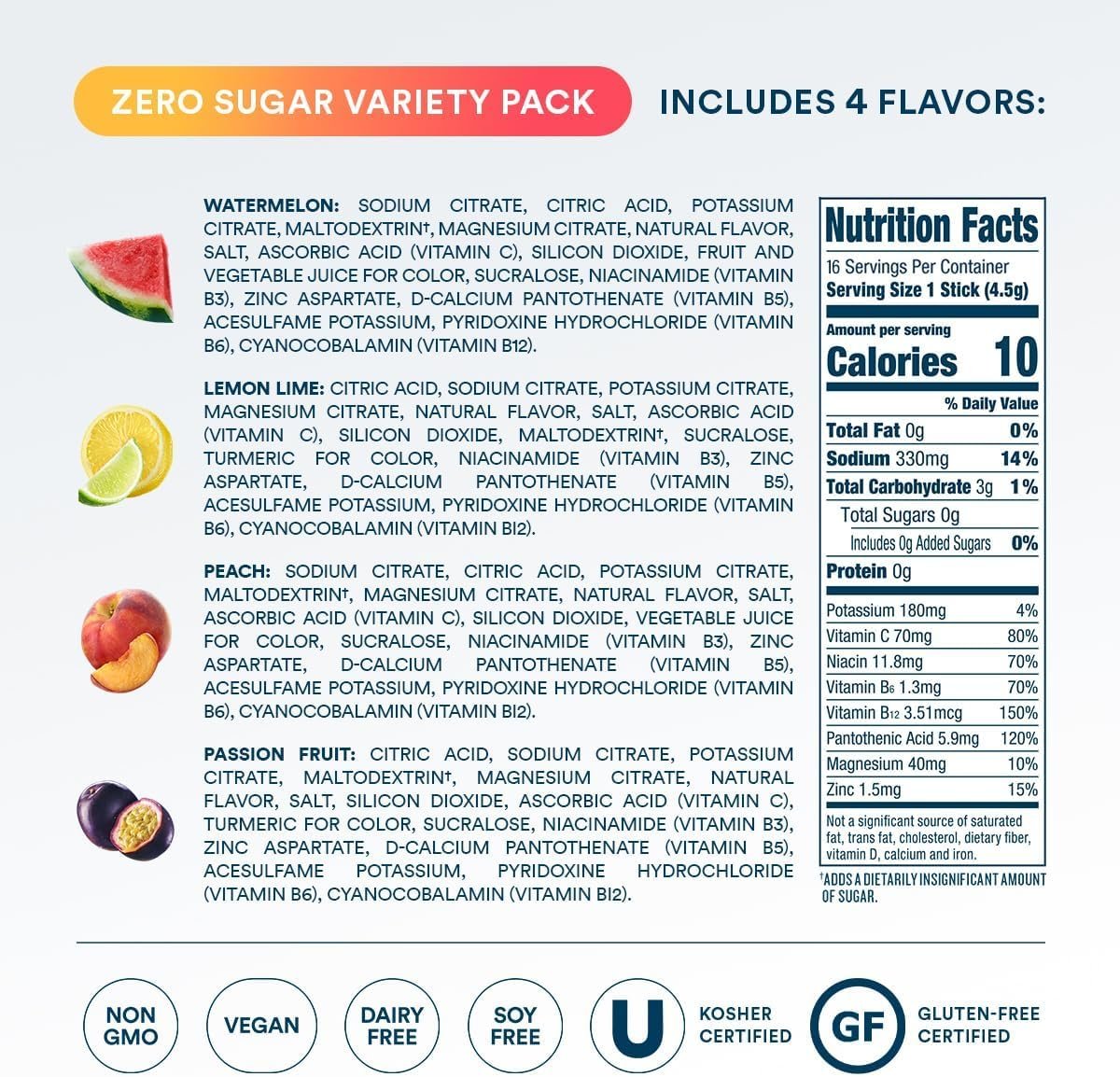 DripDrop Zuckerfreie Hydration Beutel – Zero Classic Variety Pack – Einzelportions-Elektrolytpulver-Mischgetränk – Zitrone-Limette, Wassermelone, Pfirsich, Passionsfrucht – Nicht-GMO, Glutenfrei, Vegan – 16 Sticks