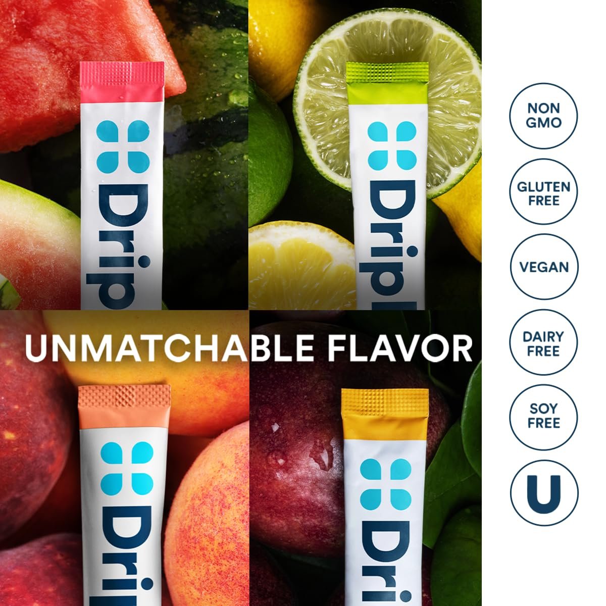 DripDrop Zuckerfreie Hydration Beutel – Zero Classic Variety Pack – Einzelportions-Elektrolytpulver-Mischgetränk – Zitrone-Limette, Wassermelone, Pfirsich, Passionsfrucht – Nicht-GMO, Glutenfrei, Vegan – 16 Sticks