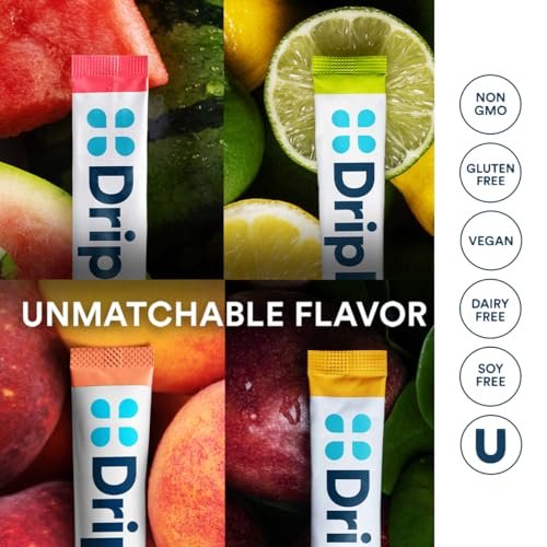 DripDrop Zuckerfreie Hydration Beutel – Zero Classic Variety Pack – Einzelportions-Elektrolytpulver-Mischgetränk – Zitrone-Limette, Wassermelone, Pfirsich, Passionsfrucht – Nicht-GMO, Glutenfrei, Vegan – 16 Sticks
