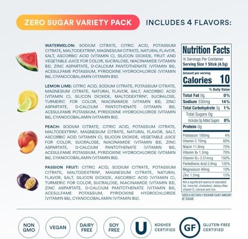 DripDrop Zuckerfreie Hydration Beutel – Zero Classic Variety Pack – Einzelportions-Elektrolytpulver-Mischgetränk – Zitrone-Limette, Wassermelone, Pfirsich, Passionsfrucht – Nicht-GMO, Glutenfrei, Vegan – 16 Sticks