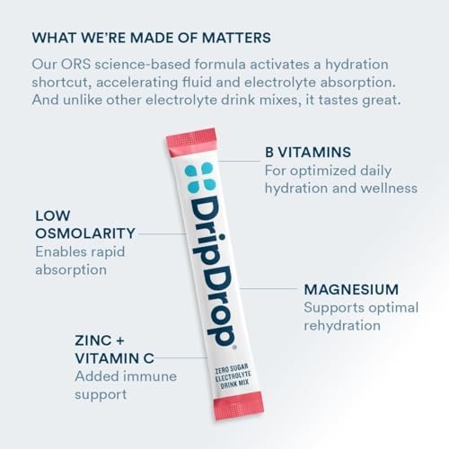 DripDrop Zuckerfreie Hydration Beutel – Zero Classic Variety Pack – Einzelportions-Elektrolytpulver-Mischgetränk – Zitrone-Limette, Wassermelone, Pfirsich, Passionsfrucht – Nicht-GMO, Glutenfrei, Vegan – 16 Sticks