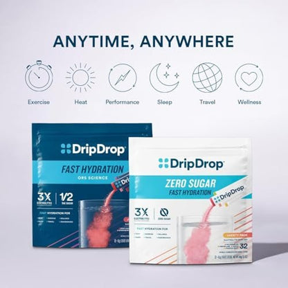 DripDrop Zuckerfreie Hydration Beutel – Zero Classic Variety Pack – Einzelportions-Elektrolytpulver-Mischgetränk – Zitrone-Limette, Wassermelone, Pfirsich, Passionsfrucht – Nicht-GMO, Glutenfrei, Vegan – 16 Sticks