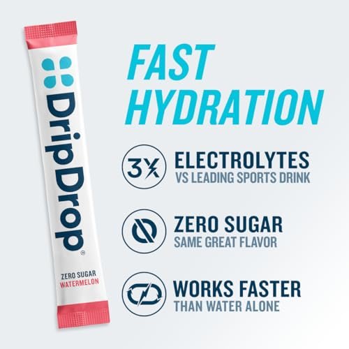 DripDrop Zuckerfreie Hydration Beutel – Zero Classic Variety Pack – Einzelportions-Elektrolytpulver-Mischgetränk – Zitrone-Limette, Wassermelone, Pfirsich, Passionsfrucht – Nicht-GMO, Glutenfrei, Vegan – 16 Sticks