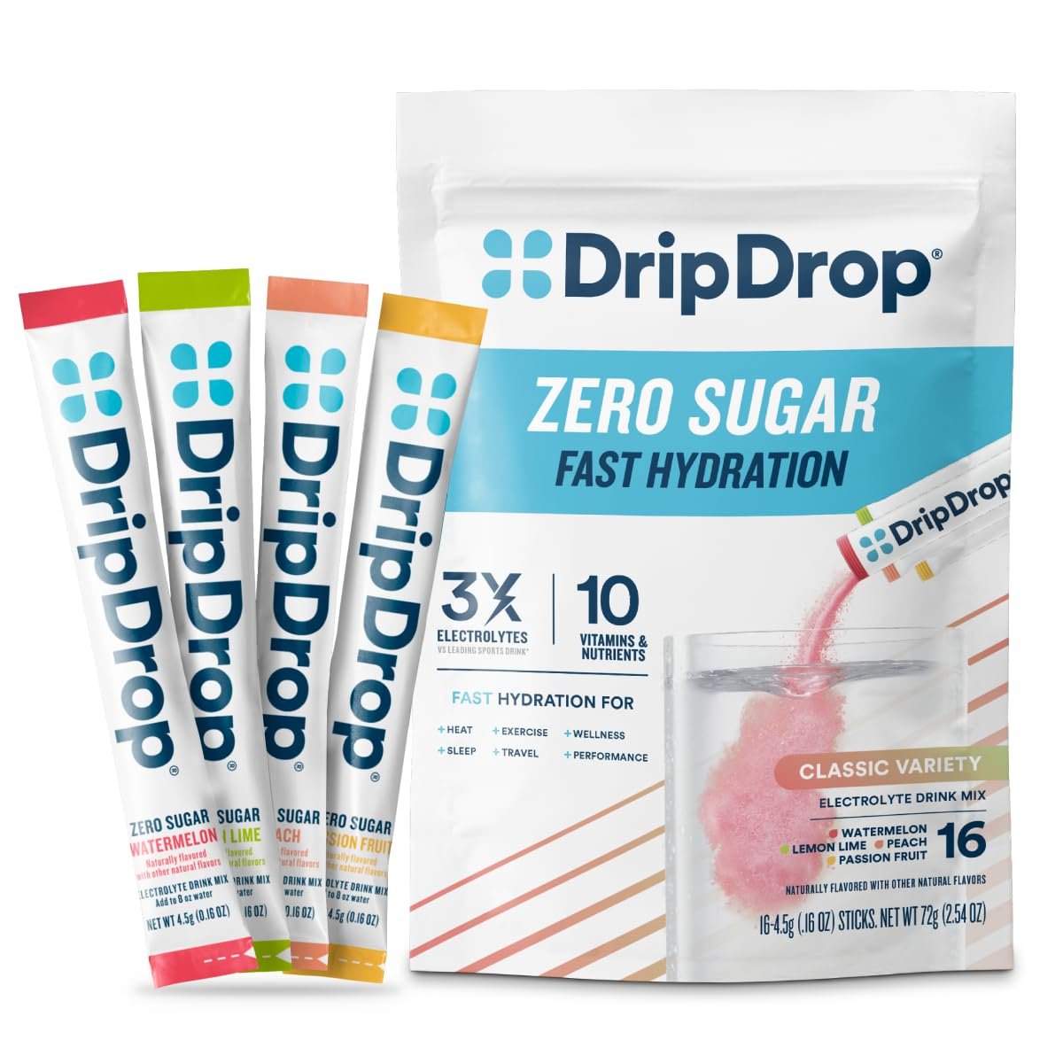 DripDrop Zuckerfreie Hydration Beutel – Zero Classic Variety Pack – Einzelportions-Elektrolytpulver-Mischgetränk – Zitrone-Limette, Wassermelone, Pfirsich, Passionsfrucht – Nicht-GMO, Glutenfrei, Vegan – 16 Sticks