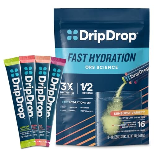 DripDrop Hydration Packets – Sunburst Variety Pack – Elektrolyt-Pulver für Getränke – Zitrone-Limette, Erdbeere, Pfirsich, Schwarzkirsche – 16 Portionsbeutel