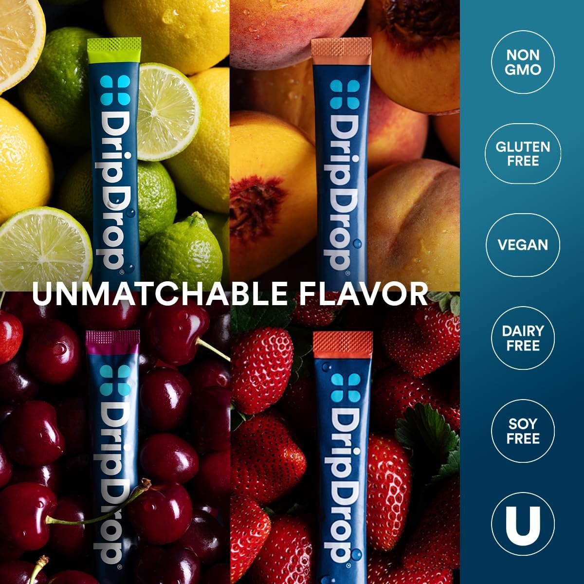 DripDrop Hydration Packets – Sunburst Variety Pack – Elektrolyt-Pulver für Getränke – Zitrone-Limette, Erdbeere, Pfirsich, Schwarzkirsche – 16 Portionsbeutel