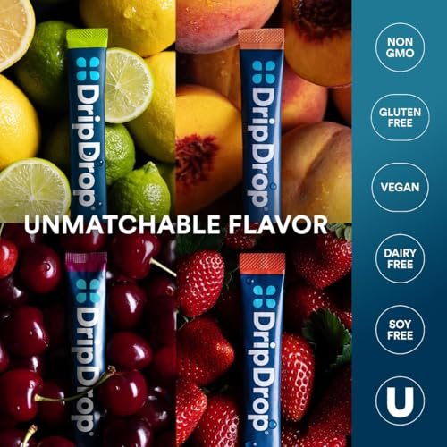 DripDrop Hydration Packets – Sunburst Variety Pack – Elektrolyt-Pulver für Getränke – Zitrone-Limette, Erdbeere, Pfirsich, Schwarzkirsche – 16 Portionsbeutel