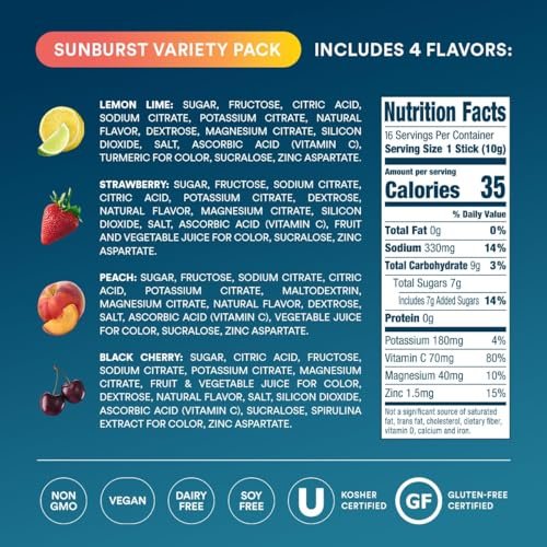 DripDrop Hydration Packets – Sunburst Variety Pack – Elektrolyt-Pulver für Getränke – Zitrone-Limette, Erdbeere, Pfirsich, Schwarzkirsche – 16 Portionsbeutel