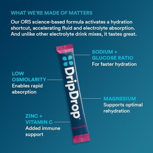 DripDrop Hydration Packets – Sunburst Variety Pack – Elektrolyt-Pulver für Getränke – Zitrone-Limette, Erdbeere, Pfirsich, Schwarzkirsche – 16 Portionsbeutel