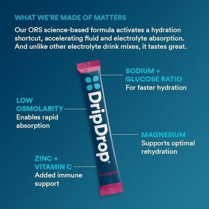 DripDrop Hydration Packets – Sunburst Variety Pack – Elektrolyt-Pulver für Getränke – Zitrone-Limette, Erdbeere, Pfirsich, Schwarzkirsche – 16 Portionsbeutel