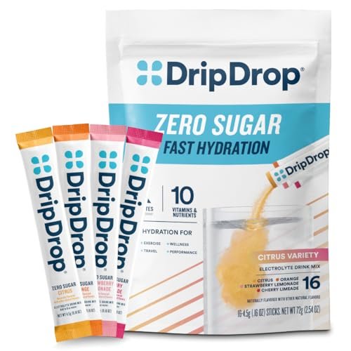 DripDrop Zuckerfrei Hydration Packets - Zero Citrus Variety Pack - Elektrolyt-Pulver für Getränke - Cherry Limeade, Citrus, Orange, Strawberry Lemonade - Non-GMO, Glutenfrei - 16 Portionen