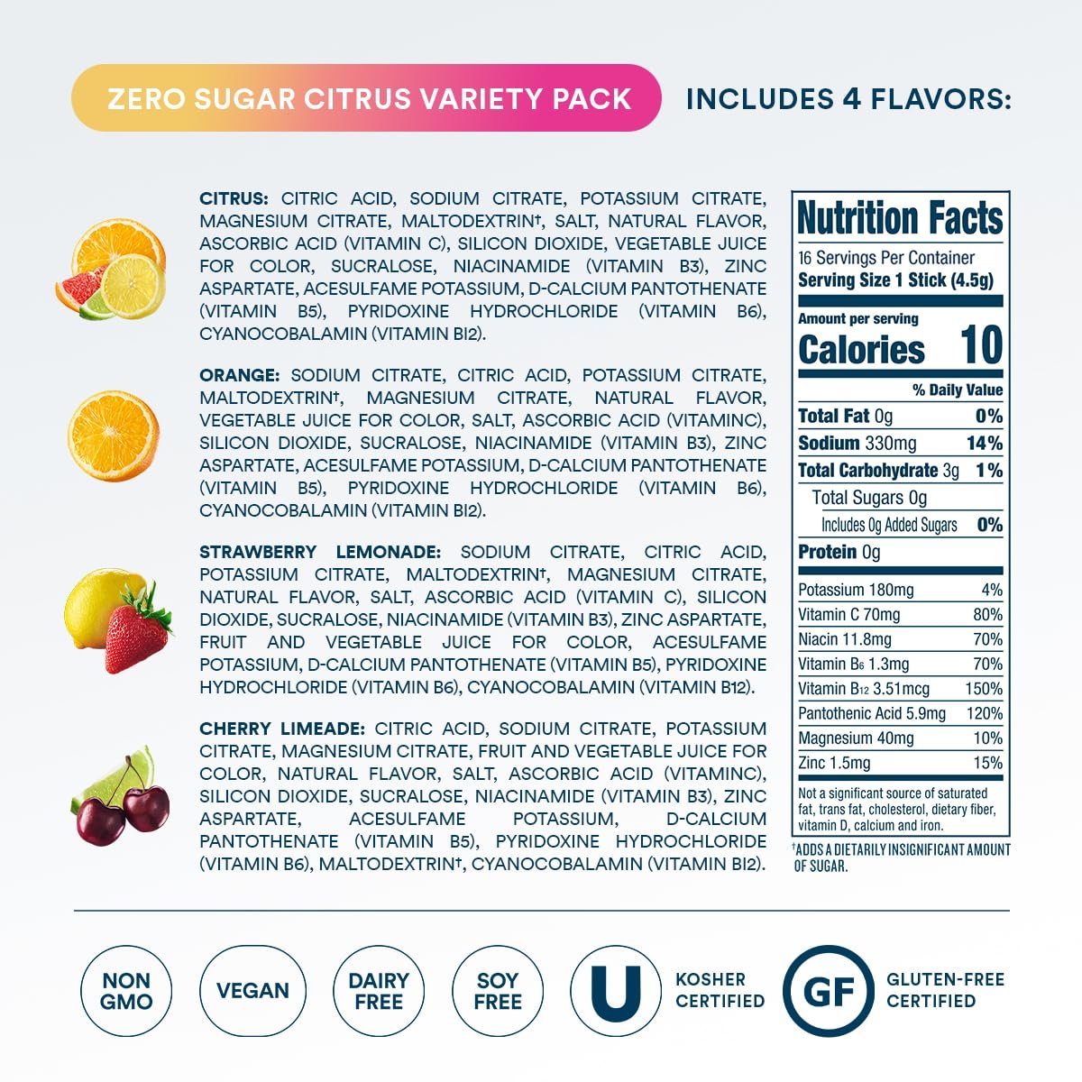 DripDrop Zuckerfrei Hydration Packets - Zero Citrus Variety Pack - Elektrolyt-Pulver für Getränke - Cherry Limeade, Citrus, Orange, Strawberry Lemonade - Non-GMO, Glutenfrei - 16 Portionen