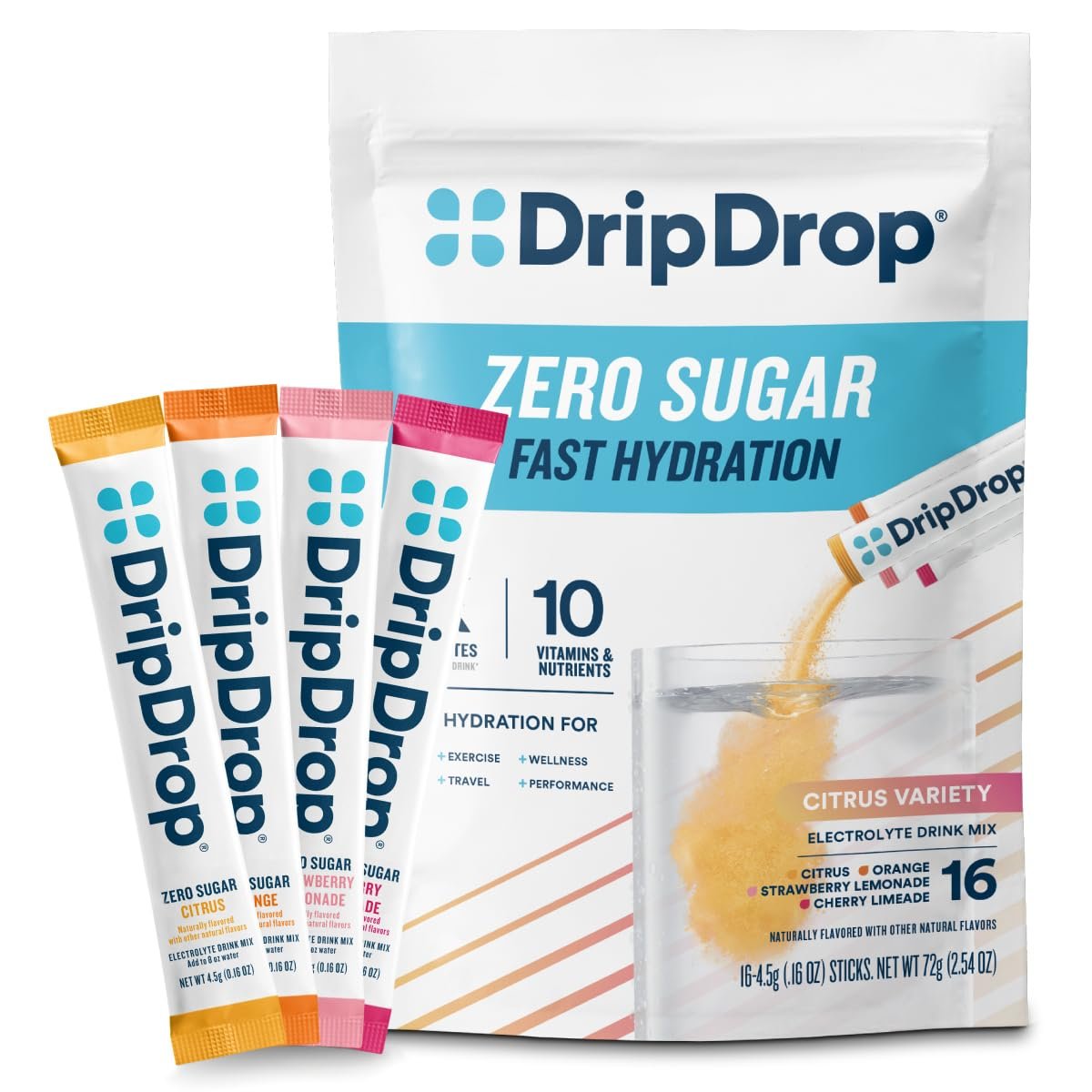 DripDrop Zuckerfrei Hydration Packets - Zero Citrus Variety Pack - Elektrolyt-Pulver für Getränke - Cherry Limeade, Citrus, Orange, Strawberry Lemonade - Non-GMO, Glutenfrei - 16 Portionen
