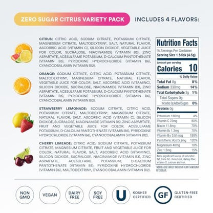 DripDrop Zuckerfrei Hydration Packets - Zero Citrus Variety Pack - Elektrolyt-Pulver für Getränke - Cherry Limeade, Citrus, Orange, Strawberry Lemonade - Non-GMO, Glutenfrei - 16 Portionen