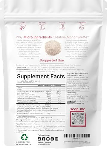 Micro Ingredients Creatin + Elektrolyte + Multi-Kollagen für Frauen | 5.000 mg mikronisiertes Creatin-Monohydrat-Pulver | Creatin-Hydrations-Mix | Zitrone-Himbeere | Zuckerfrei, Ohne Gentechnik