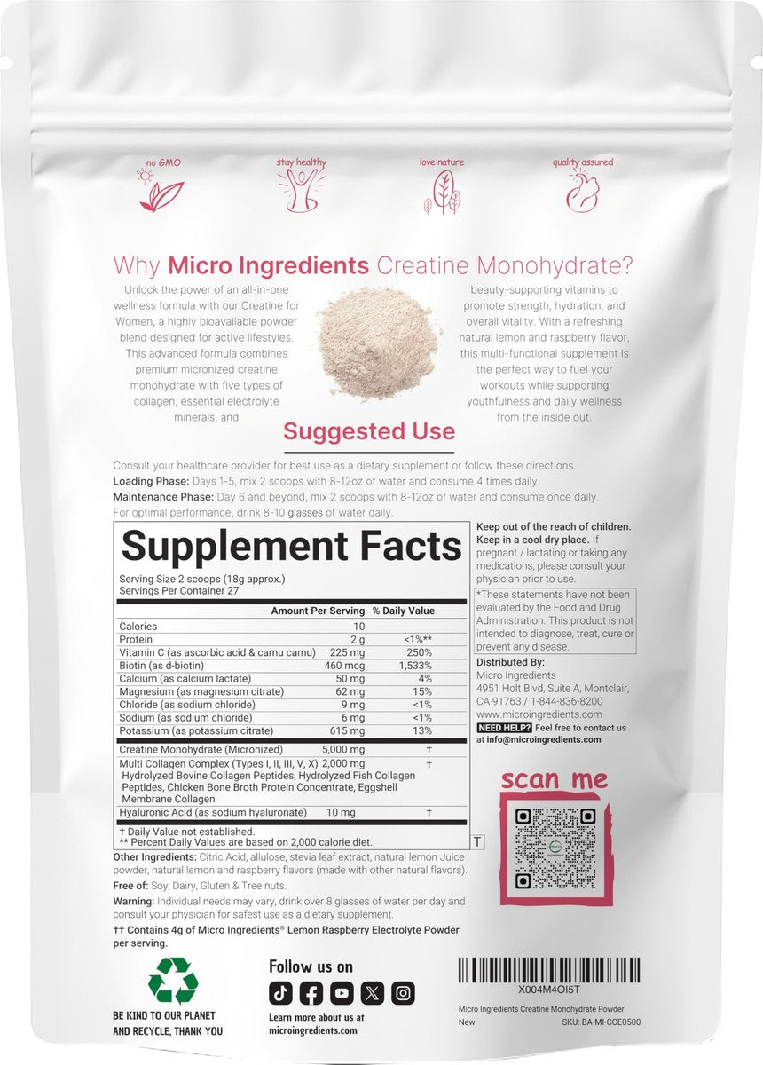 Micro Ingredients Creatin + Elektrolyte + Multi-Kollagen für Frauen | 5.000 mg mikronisiertes Creatin-Monohydrat-Pulver | Creatin-Hydrations-Mix | Zitrone-Himbeere | Zuckerfrei, Ohne Gentechnik