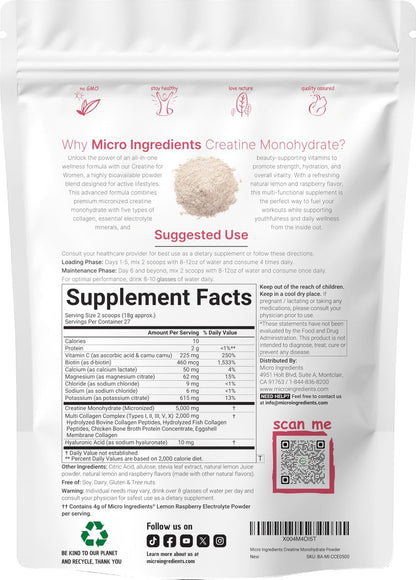 Micro Ingredients Creatin + Elektrolyte + Multi-Kollagen für Frauen | 5.000 mg mikronisiertes Creatin-Monohydrat-Pulver | Creatin-Hydrations-Mix | Zitrone-Himbeere | Zuckerfrei, Ohne Gentechnik