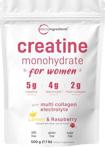 Micro Ingredients Creatin + Elektrolyte + Multi-Kollagen für Frauen | 5.000 mg mikronisiertes Creatin-Monohydrat-Pulver | Creatin-Hydrations-Mix | Zitrone-Himbeere | Zuckerfrei, Ohne Gentechnik
