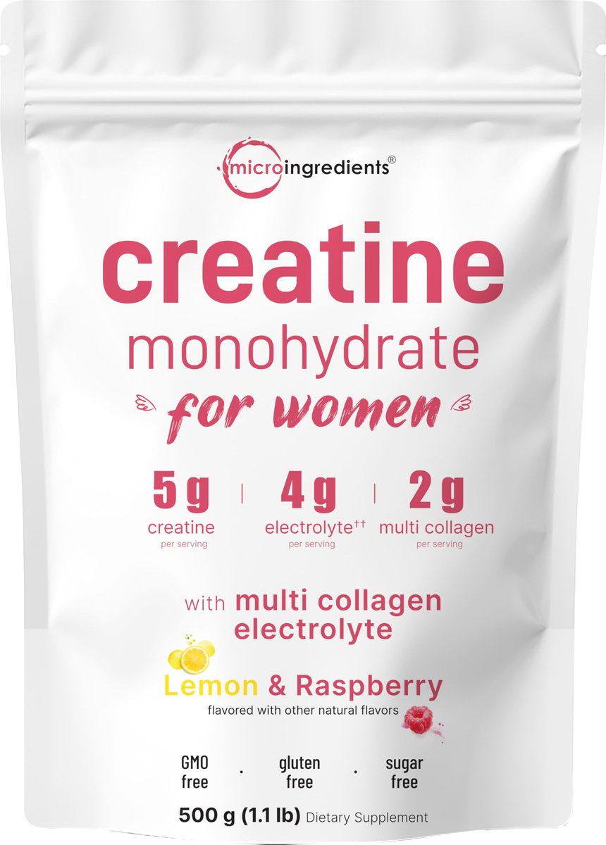 Micro Ingredients Creatin + Elektrolyte + Multi-Kollagen für Frauen | 5.000 mg mikronisiertes Creatin-Monohydrat-Pulver | Creatin-Hydrations-Mix | Zitrone-Himbeere | Zuckerfrei, Ohne Gentechnik