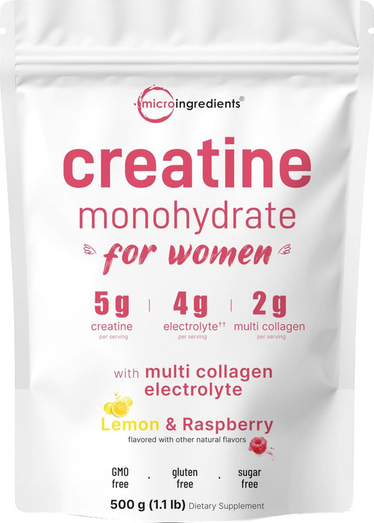 Micro Ingredients Creatin + Elektrolyte + Multi-Kollagen für Frauen | 5.000 mg mikronisiertes Creatin-Monohydrat-Pulver | Creatin-Hydrations-Mix | Zitrone-Himbeere | Zuckerfrei, Ohne Gentechnik