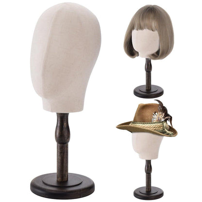 Peohud 21 Zoll Mannequinkopf, Leinwand Wig Stand mit Kopf, Leinen-Dome-Modellkopf mit abnehmbarem Holzständer für Hüte, Kappen, Kopfschmuck, Perückenherstellung, Stirnband-Display