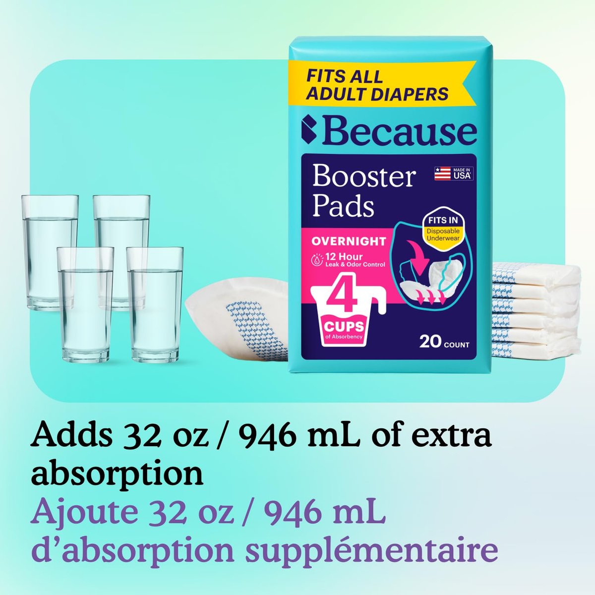 Because Overnight Booster Pads – Zusätzliche Saugfähigkeit für alle Inkontinenzslips, 22 Stück