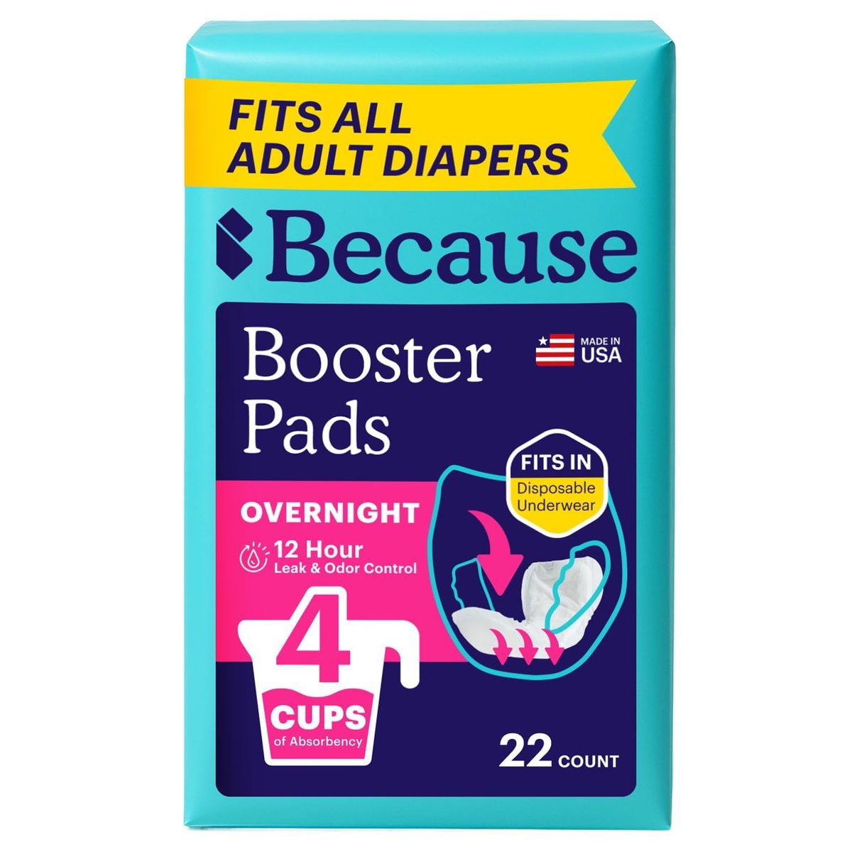 Because Overnight Booster Pads – Zusätzliche Saugfähigkeit für alle Inkontinenzslips, 22 Stück
