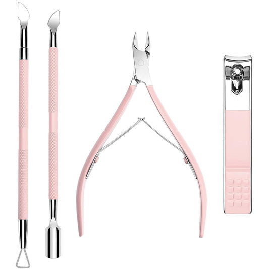 Cuticle Trimmer mit Cuticle Pusher und Nagelknipser - 4-teiliges Cuticle Cutter Nipper Entferner Pediküre Maniküre Werkzeug, Professioneller Edelstahl Nagelhautentferner für Finger- und Zehennägel Rosa