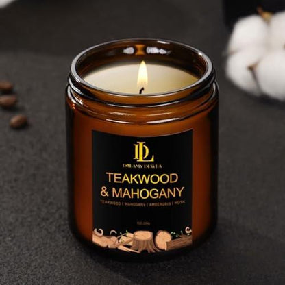 Teakwood & Mahogany Duftkerze, Sojawachs-Kerze mit 50 Stunden Brenndauer, Geschenk für Männer und Frauen