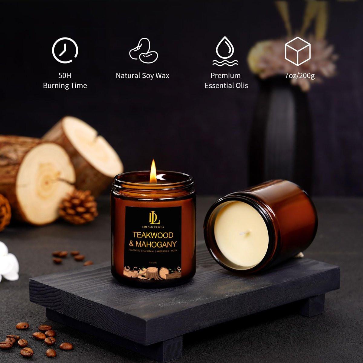 Teakwood & Mahogany Duftkerze, Sojawachs-Kerze mit 50 Stunden Brenndauer, Geschenk für Männer und Frauen