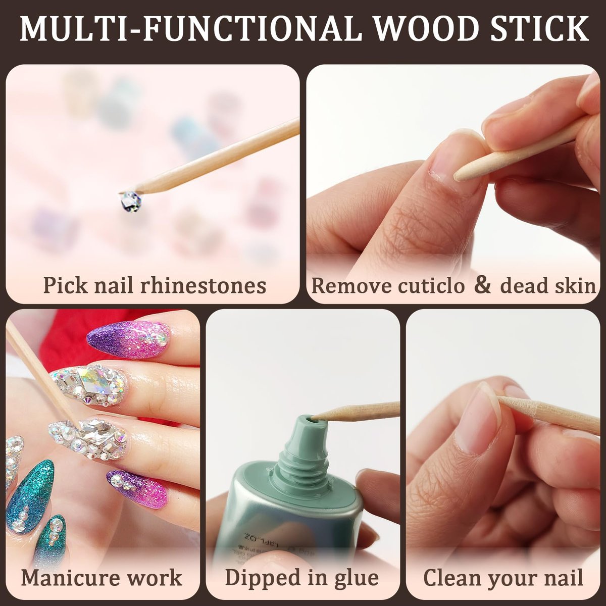 200 Stück Orangenholz-Nagelstäbchen, 11,4 cm doppelseitiger Nagelhautschieber und -entferner, Maniküre- und Pediküre-Werkzeug für Nagelkunst