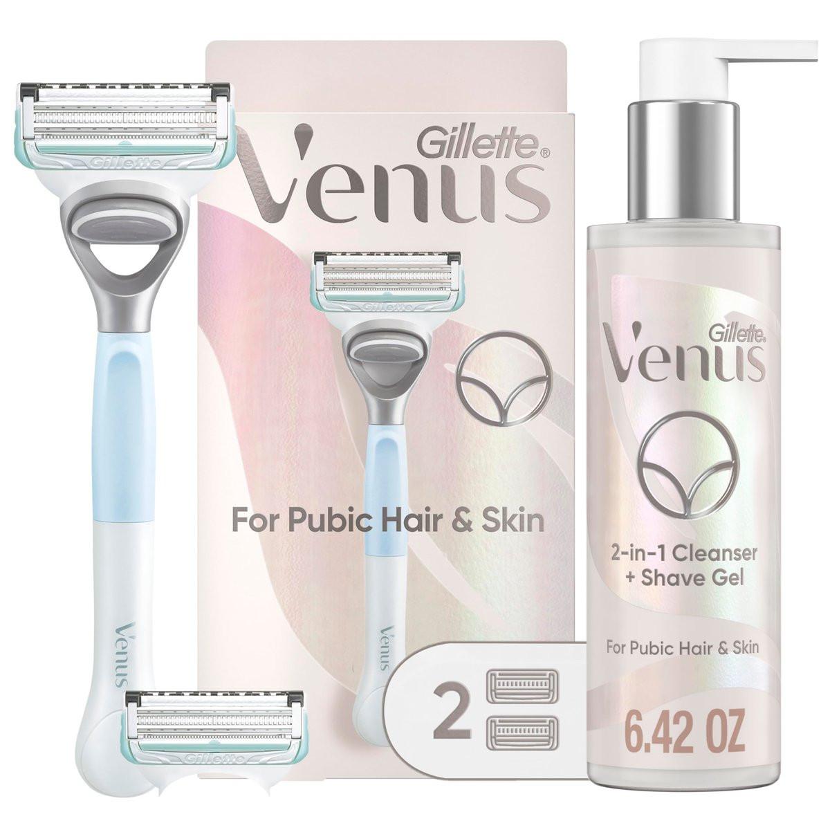 Gillette Venus Rasierer für Schamhaar und Haut – Damen Rasierer Set mit 1 Griff + 2 Klingenköpfen + 2-in-1 Reiniger
