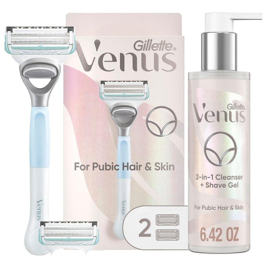 Gillette Venus Rasierer für Schamhaar und Haut – Damen Rasierer Set mit 1 Griff + 2 Klingenköpfen + 2-in-1 Reiniger