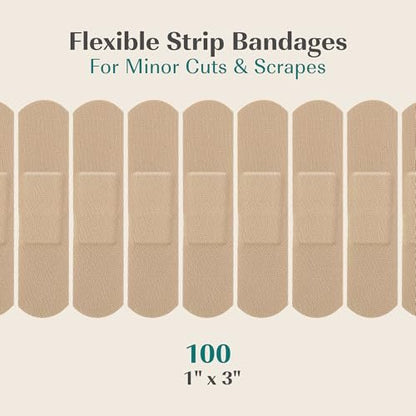 FEBU Bambus-Faser-Pflaster | PFAS-freie, flexible Stoffpflaster | Latexfreie, natürliche, hypoallergene Pflaster für Schrammen, Schnitte & Erste Hilfe | 1 Zoll x 3 Zoll | 100er Pack