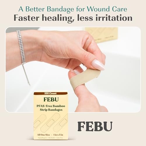 FEBU Bambus-Faser-Pflaster | PFAS-freie, flexible Stoffpflaster | Latexfreie, natürliche, hypoallergene Pflaster für Schrammen, Schnitte & Erste Hilfe | 1 Zoll x 3 Zoll | 100er Pack