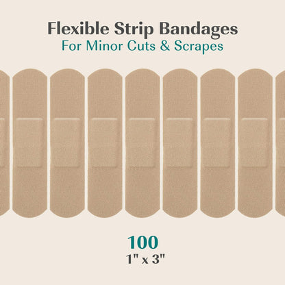FEBU Bambus-Faser-Pflaster | PFAS-freie, flexible Stoffpflaster | Latexfreie, natürliche, hypoallergene Pflaster für Schrammen, Schnitte & Erste Hilfe | 1 Zoll x 3 Zoll | 100er Pack