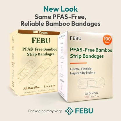 FEBU Bambus-Faser-Pflaster | PFAS-freie, flexible Stoffpflaster | Latexfreie, natürliche, hypoallergene Pflaster für Schrammen, Schnitte & Erste Hilfe | 1 Zoll x 3 Zoll | 100er Pack