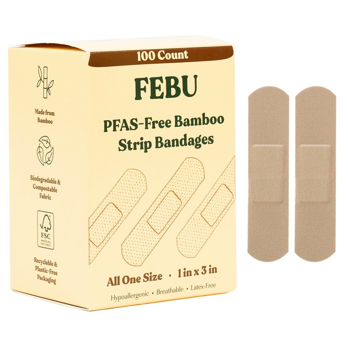FEBU Bambus-Faser-Pflaster | PFAS-freie, flexible Stoffpflaster | Latexfreie, natürliche, hypoallergene Pflaster für Schrammen, Schnitte & Erste Hilfe | 1 Zoll x 3 Zoll | 100er Pack