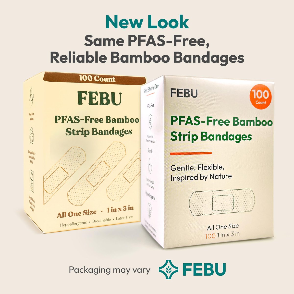 FEBU Bambus-Faser-Pflaster | PFAS-freie, flexible Stoffpflaster | Latexfreie, natürliche, hypoallergene Pflaster für Schrammen, Schnitte & Erste Hilfe | 1 Zoll x 3 Zoll | 100er Pack