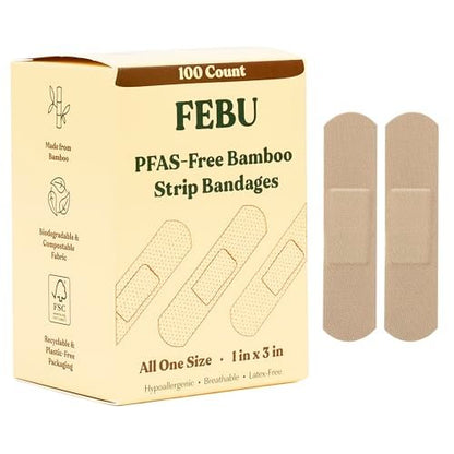 FEBU Bambus-Faser-Pflaster | PFAS-freie, flexible Stoffpflaster | Latexfreie, natürliche, hypoallergene Pflaster für Schrammen, Schnitte & Erste Hilfe | 1 Zoll x 3 Zoll | 100er Pack