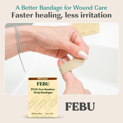 FEBU Bambus-Faser-Pflaster | PFAS-freie, flexible Stoffpflaster | Latexfreie, natürliche, hypoallergene Pflaster für Schrammen, Schnitte & Erste Hilfe | 1 Zoll x 3 Zoll | 100er Pack