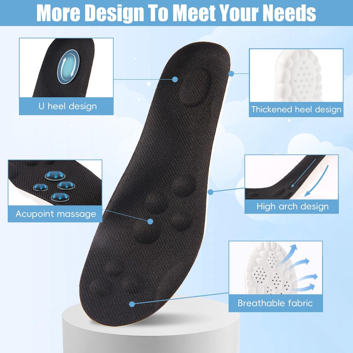 2 Paar - Steppers Einlegesohlen 4D Cloud Massagekissen für Fuß- und Gelenkunterstützung, Memory Foam Einlegesohlen für Damen und Herren (Schwarz, Herren 5-7.5 / Damen 6.5-9)