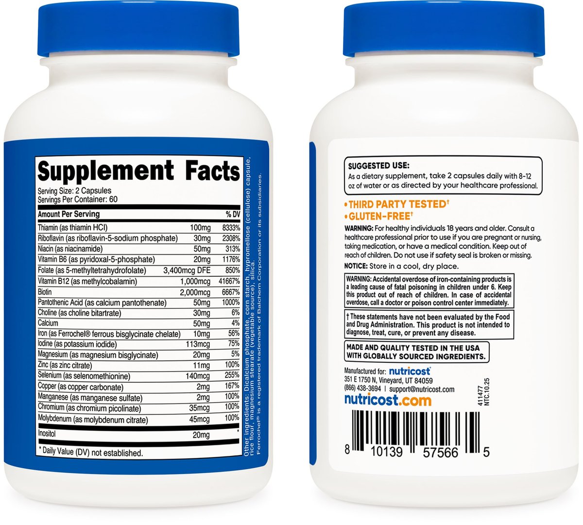 Nutricost Methyliertes Vitamin B Komplex 120 Kapseln - 60 Portionen, Glutenfrei