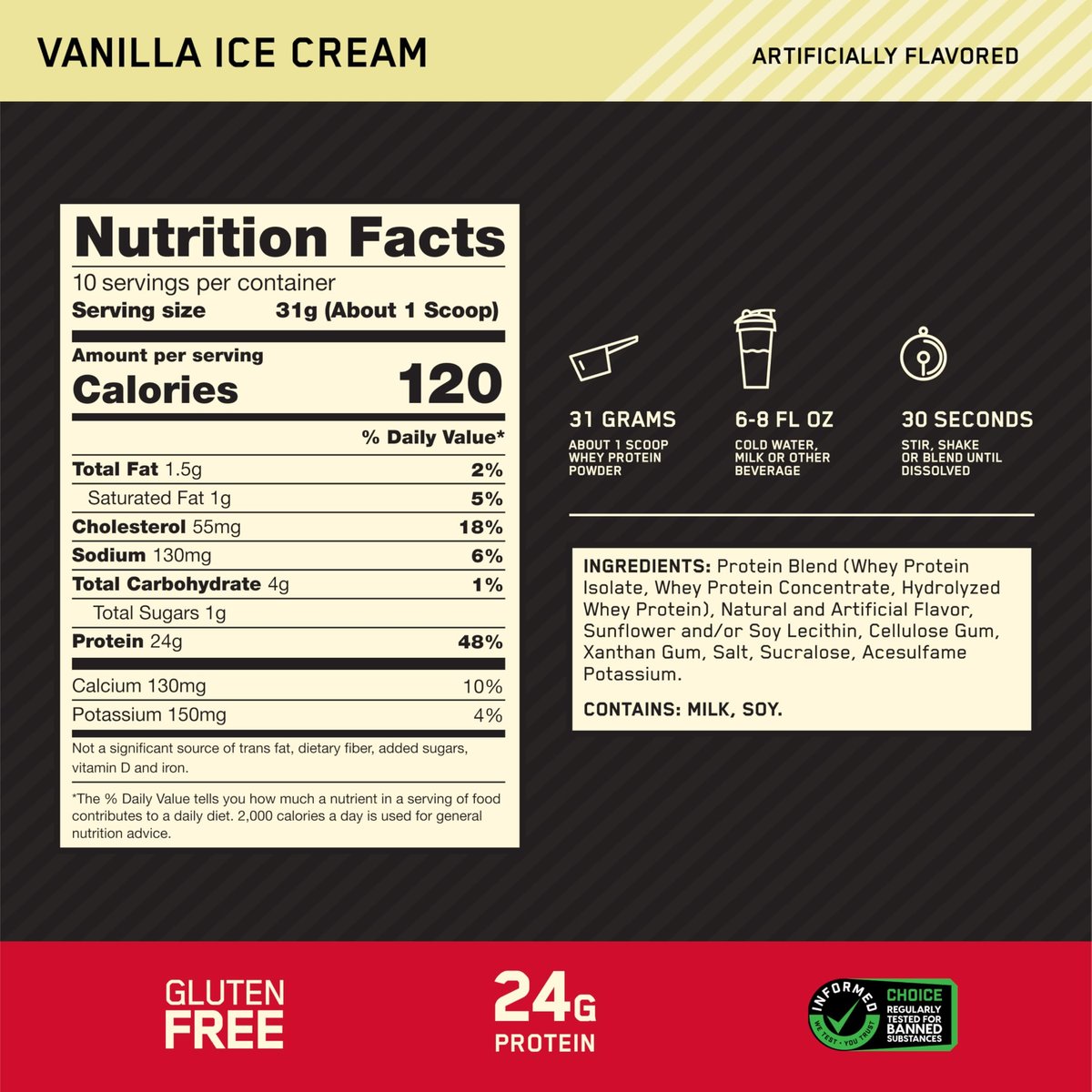 Optimum Nutrition Gold Standard 100% Whey Proteinpulver, Vanilleeis, 0,68 kg (1er Pack)