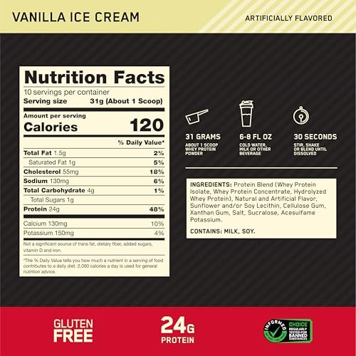 Optimum Nutrition Gold Standard 100% Whey Proteinpulver, Vanilleeis, 0,68 kg (1er Pack)