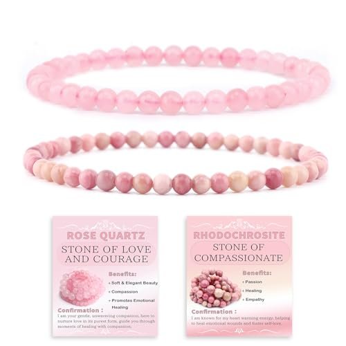 NCB 2-teiliges 4mm Naturkristall-Stein-Armband – Rosenquarz & Rhodochrosit, handgefertigt, Reiki-Energie-Heil-Schmuck für Meditation, Yoga, Unisex
