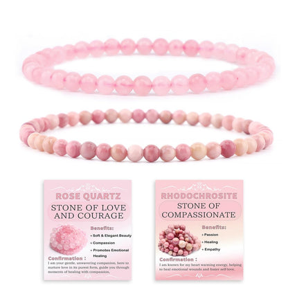NCB 2-teiliges 4mm Naturkristall-Stein-Armband – Rosenquarz & Rhodochrosit, handgefertigt, Reiki-Energie-Heil-Schmuck für Meditation, Yoga, Unisex