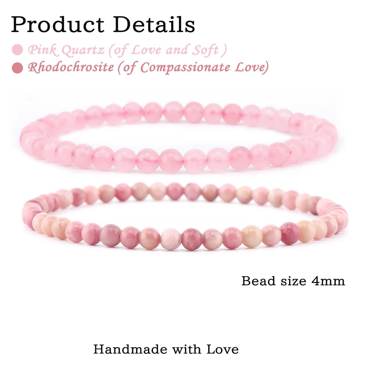 NCB 2-teiliges 4mm Naturkristall-Stein-Armband – Rosenquarz & Rhodochrosit, handgefertigt, Reiki-Energie-Heil-Schmuck für Meditation, Yoga, Unisex