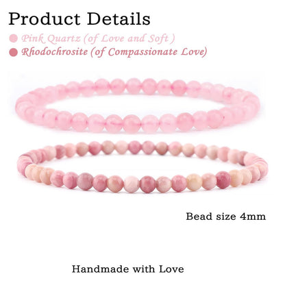 NCB 2-teiliges 4mm Naturkristall-Stein-Armband – Rosenquarz & Rhodochrosit, handgefertigt, Reiki-Energie-Heil-Schmuck für Meditation, Yoga, Unisex